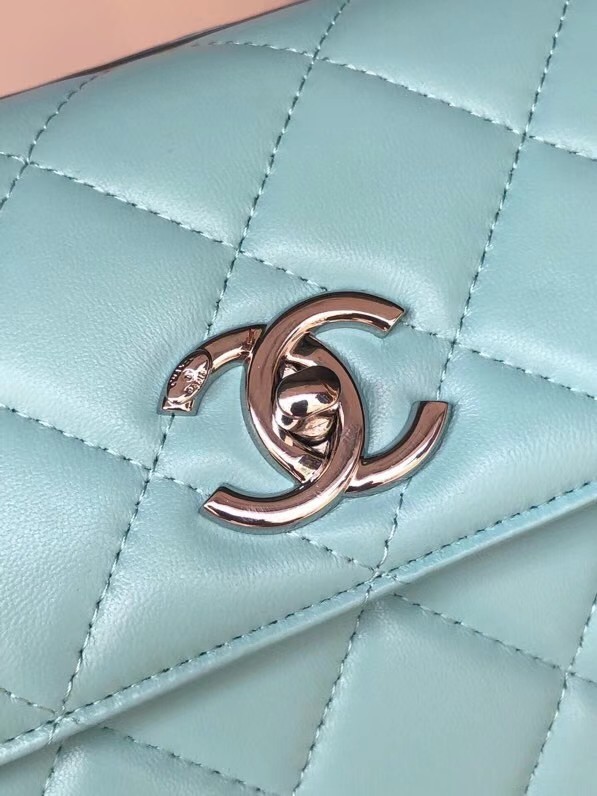 Chanel original lambskin top handle flap bag AS92236 sky blue&silver-Tone Metal