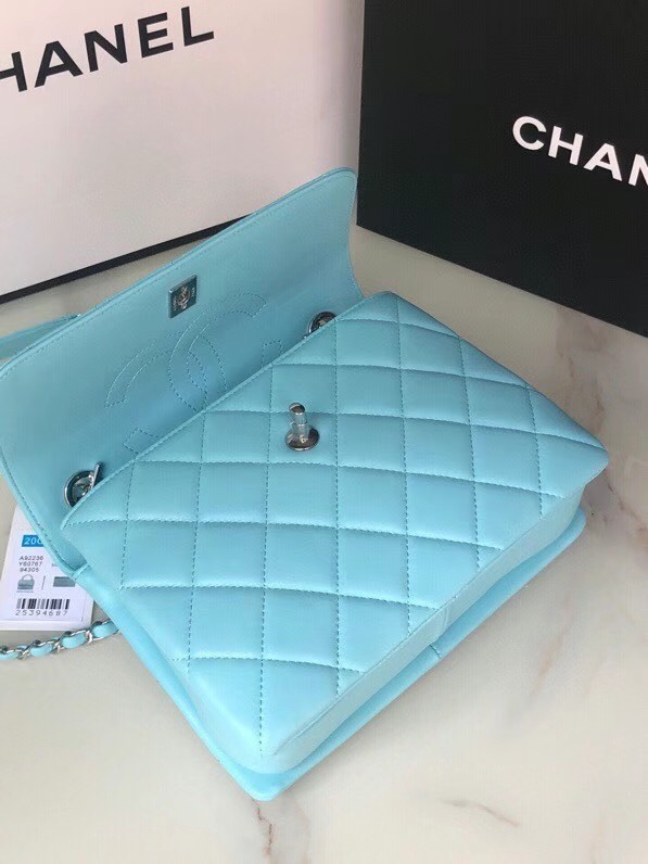 Chanel original lambskin top handle flap bag AS92236 sky blue&silver-Tone Metal