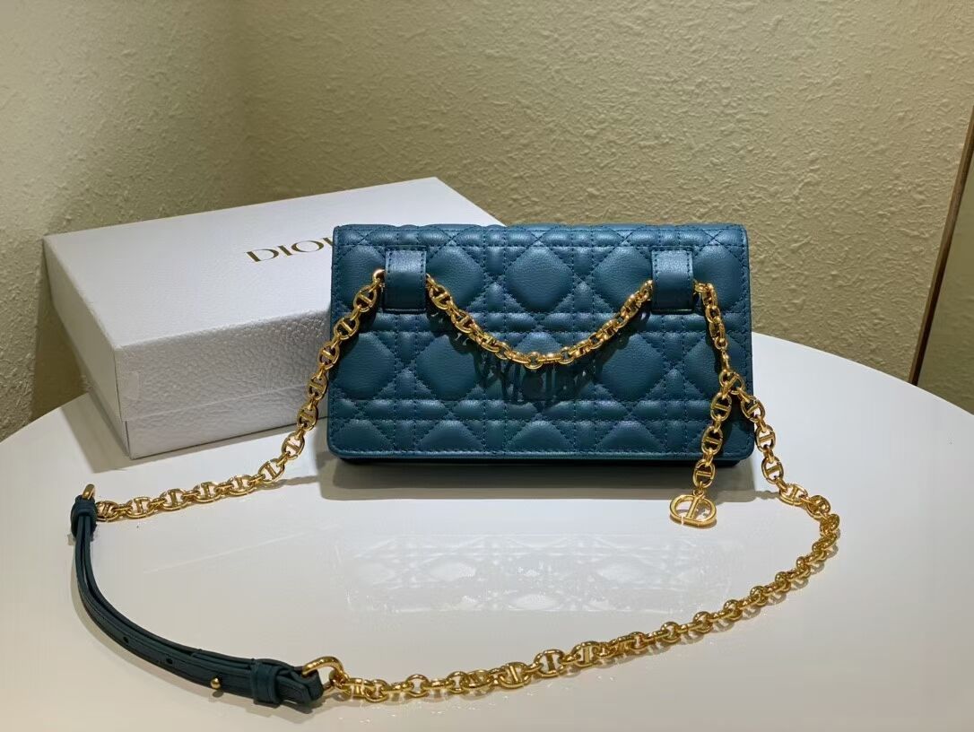 DIOR CARO BELT POUCH WITH CHAIN Supple Cannage Calfskin S5091UW BLUE