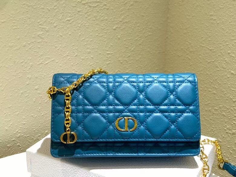 DIOR CARO BELT POUCH WITH CHAIN Supple Cannage Calfskin S5091UW BLUE