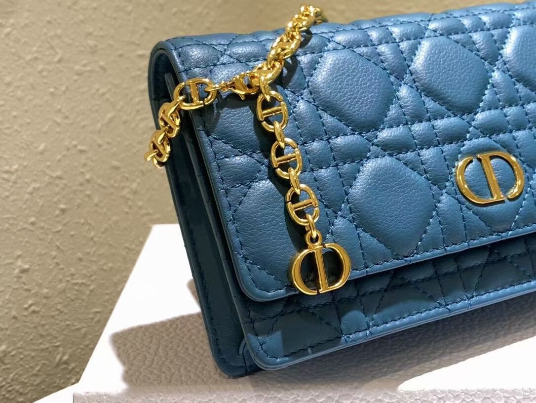 DIOR CARO BELT POUCH WITH CHAIN Supple Cannage Calfskin S5091UW BLUE