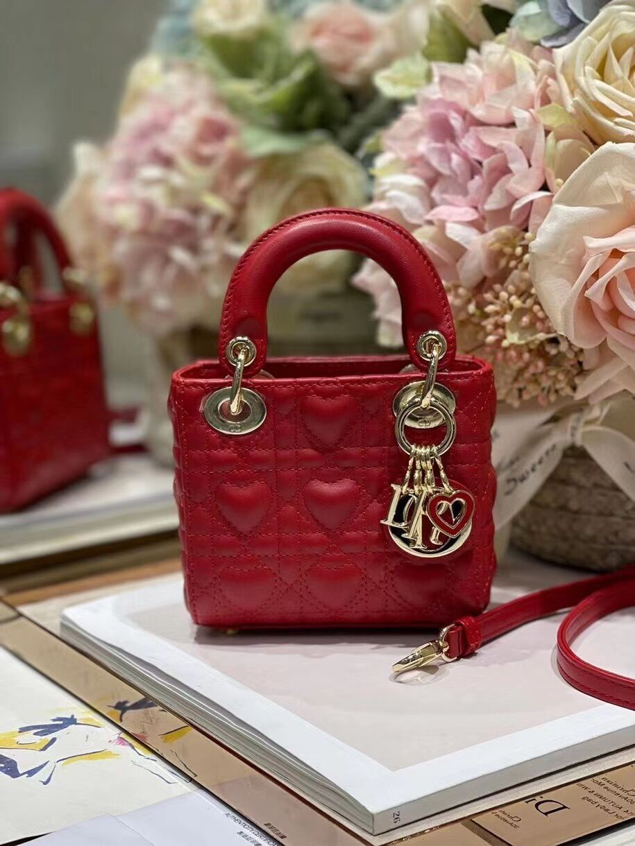 MICRO DIORAMOUR LADY DIOR BAG Bright Red Cannage Lambskin with Heart Motif S0856ON