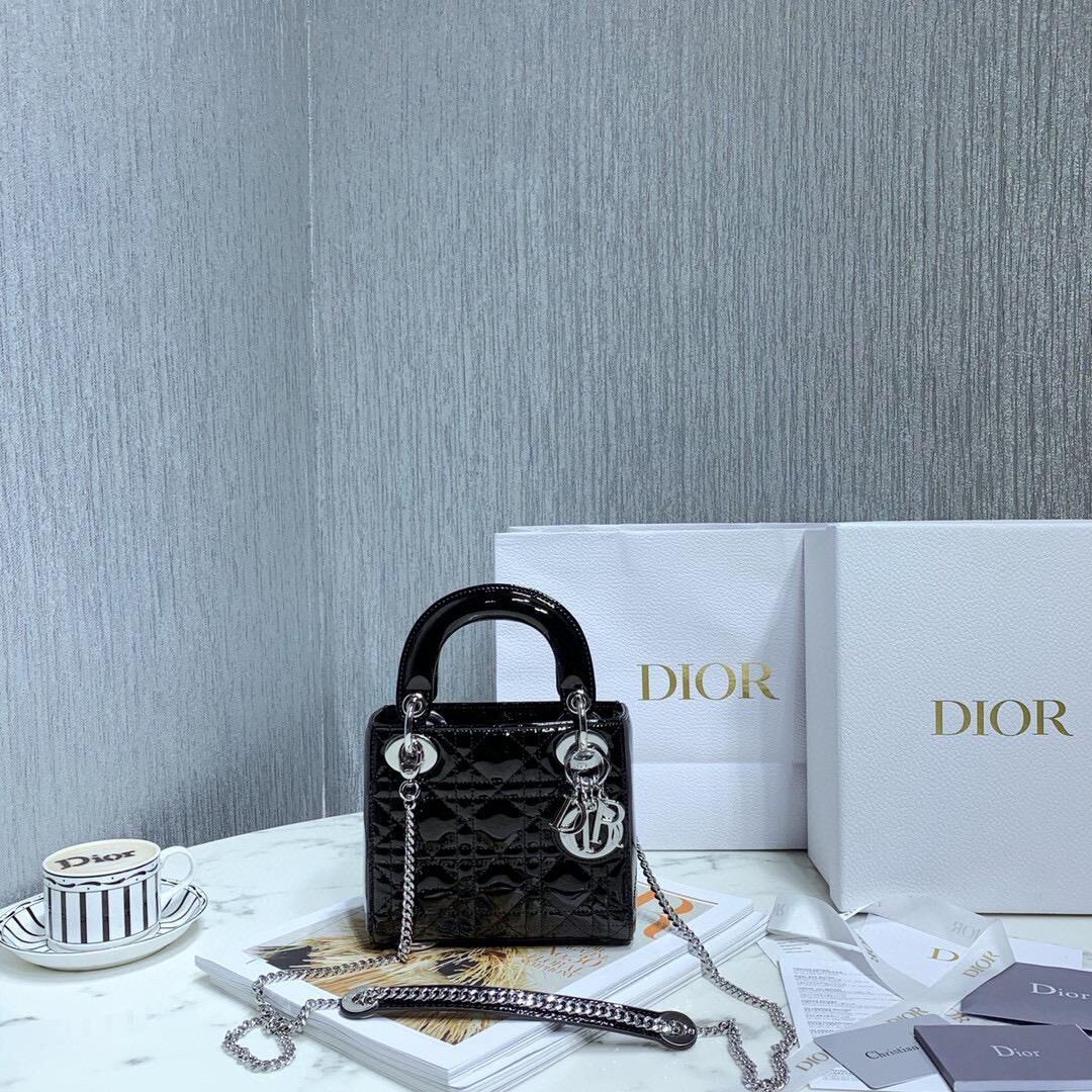 MINI LADY DIOR BAG Black Patent Cannage Calfskin M0566OW Silver Hardware