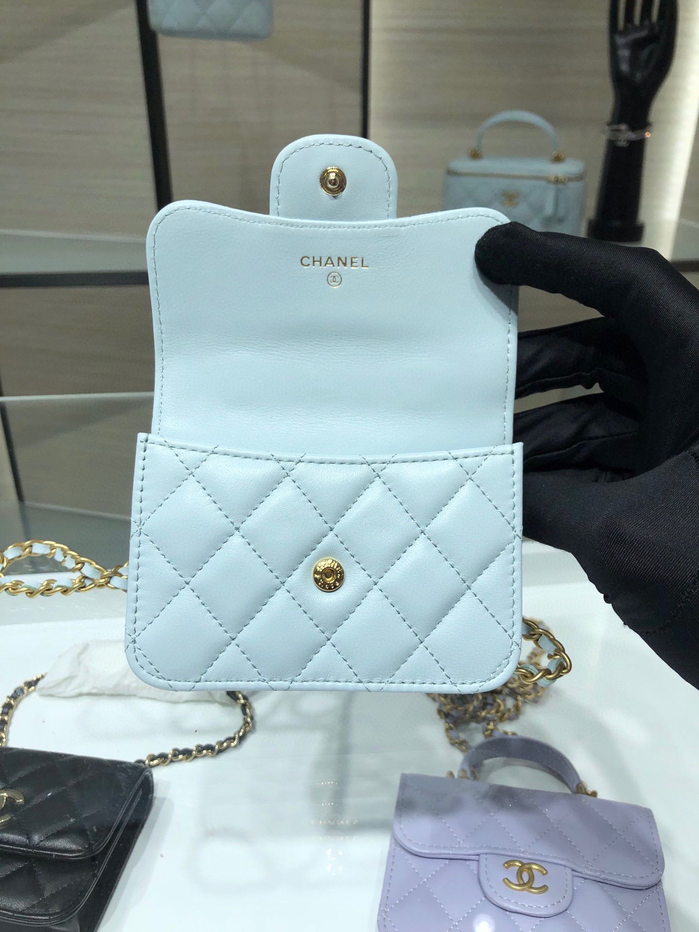 CHANEL Top Handle Micro Mini Wallet On Chain AP2200 Light Blue