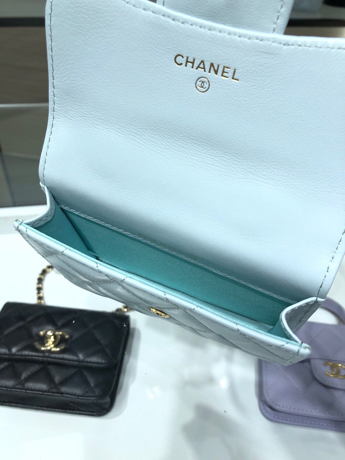 CHANEL Top Handle Micro Mini Wallet On Chain AP2200 Light Blue