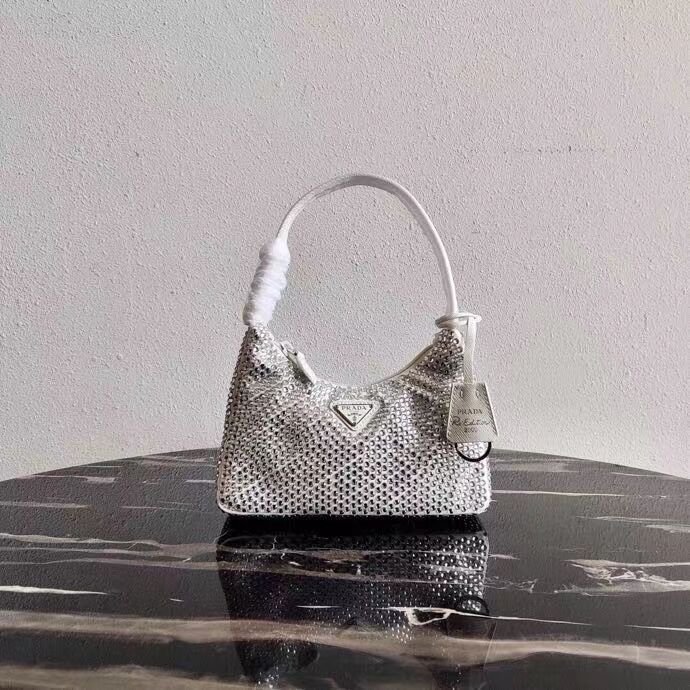 Prada Satin mini-bag with artificial crystals 1BE515Z white