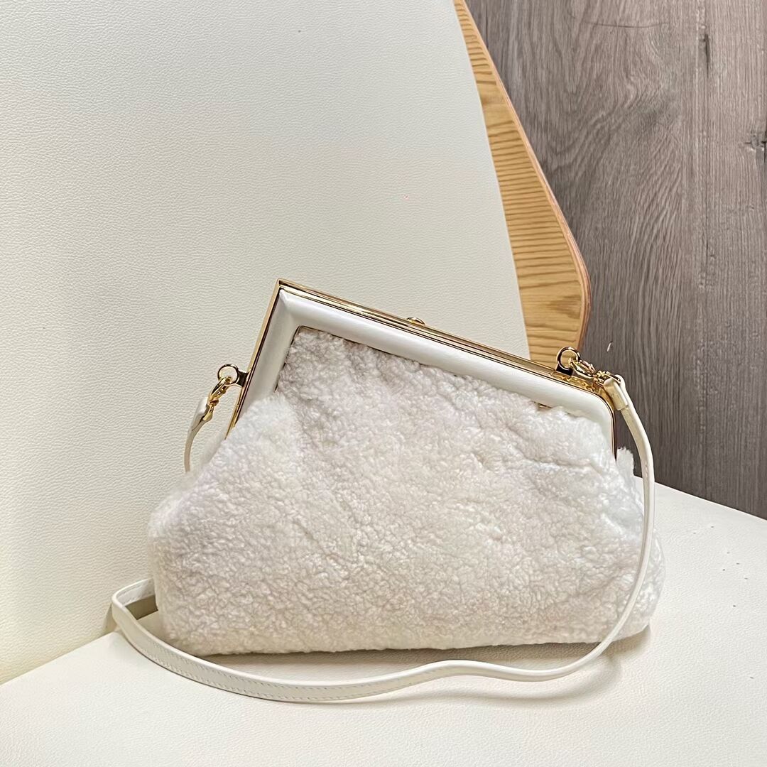 FENDI FIRST MEDIUM or SMALL wool sheepskin bag 5FB2217 white