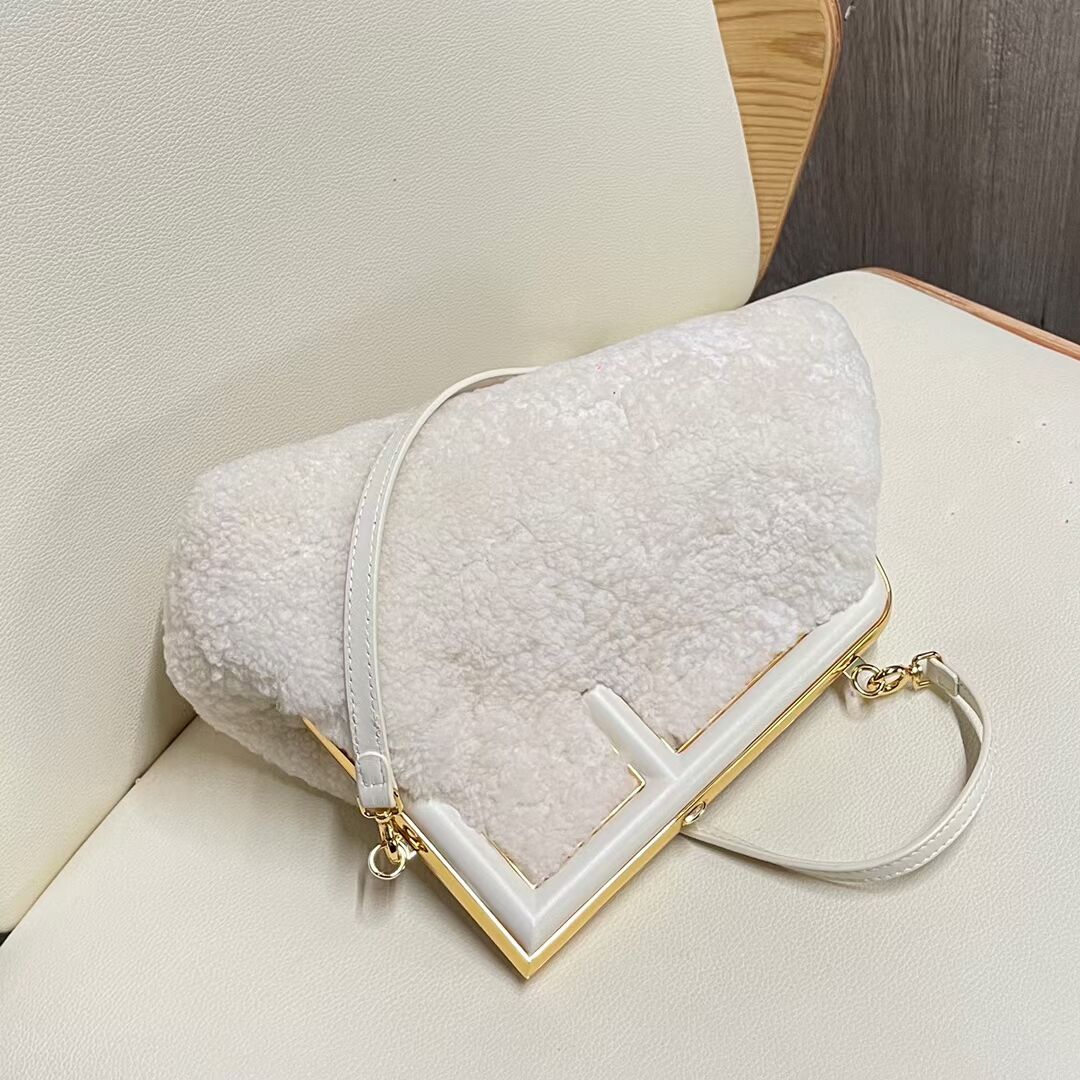 FENDI FIRST MEDIUM or SMALL wool sheepskin bag 5FB2217 white