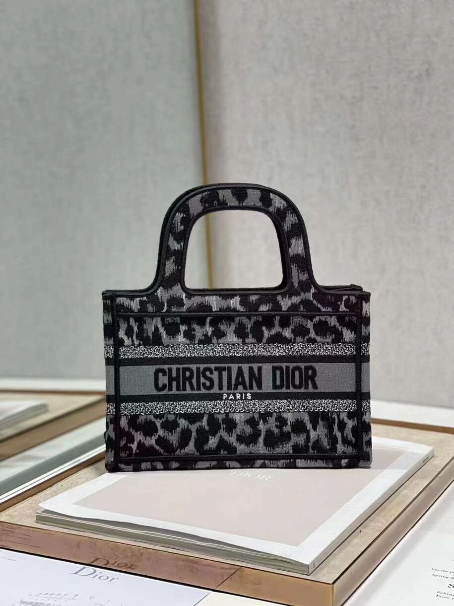 DIOR BOOK mini TOTE Embroidery C1783-1 Black leopard print