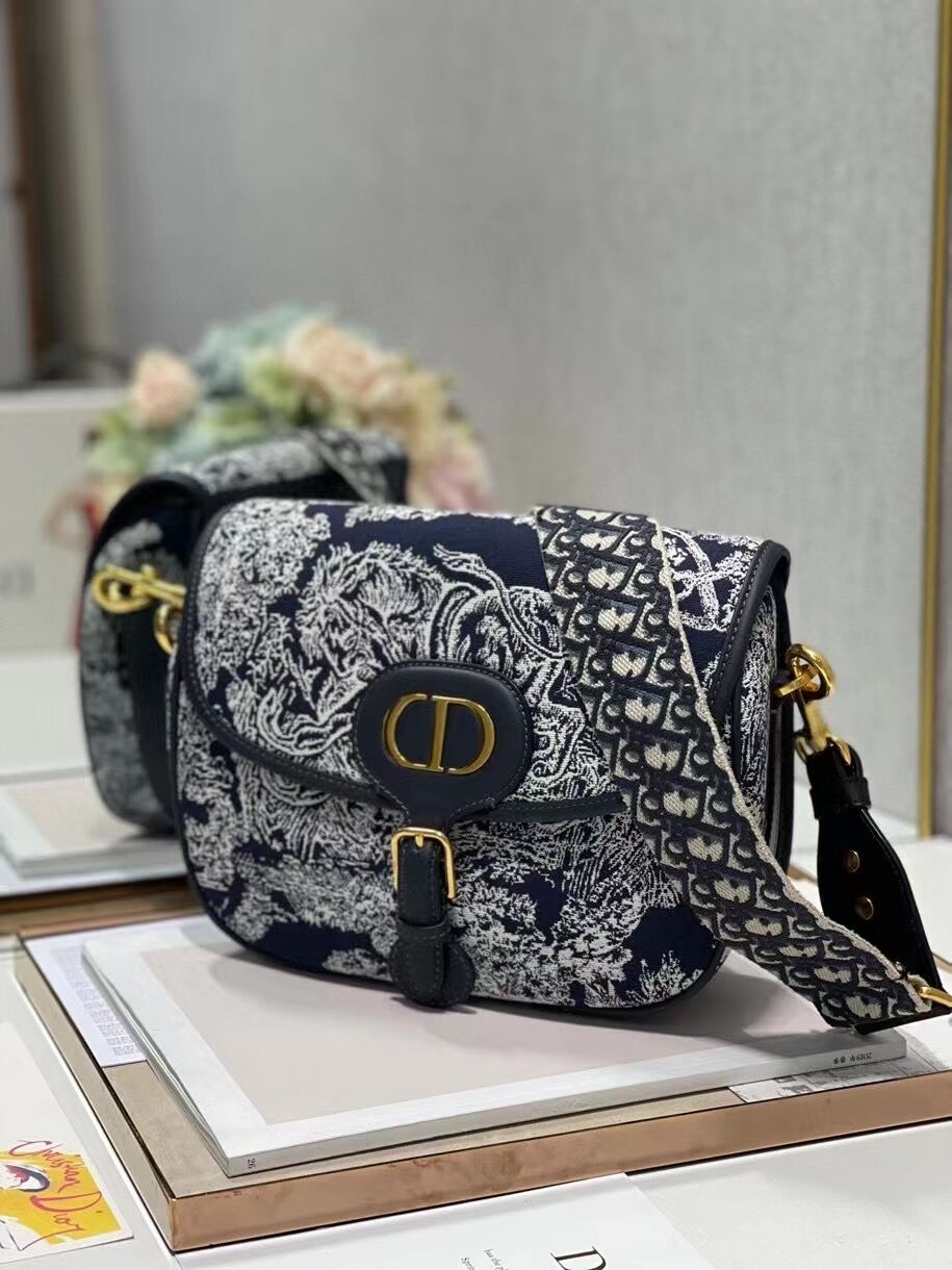 Large  DIOR BOBBY BAG Warm Taupe Box Oblique Embroidery C9267 dark blue