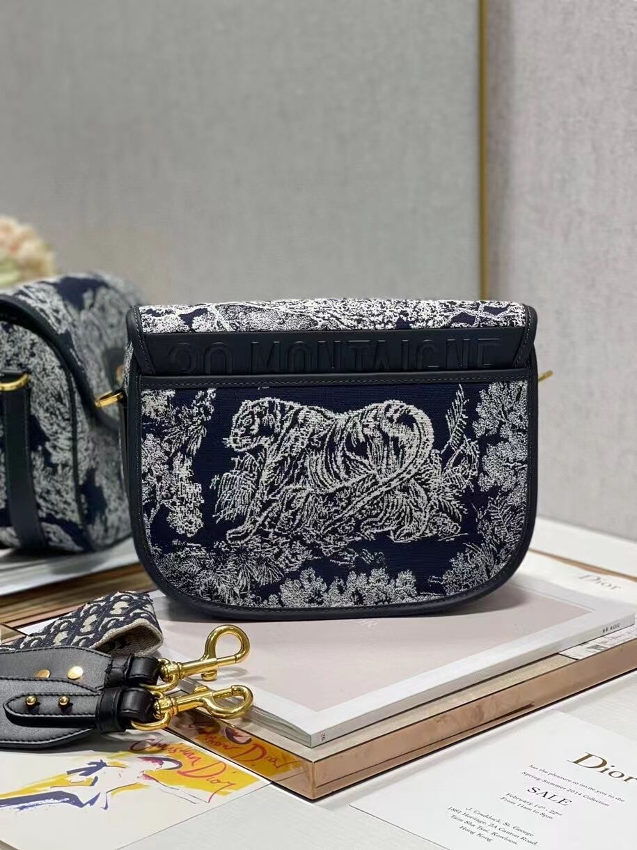 Large  DIOR BOBBY BAG Warm Taupe Box Oblique Embroidery C9267 dark blue