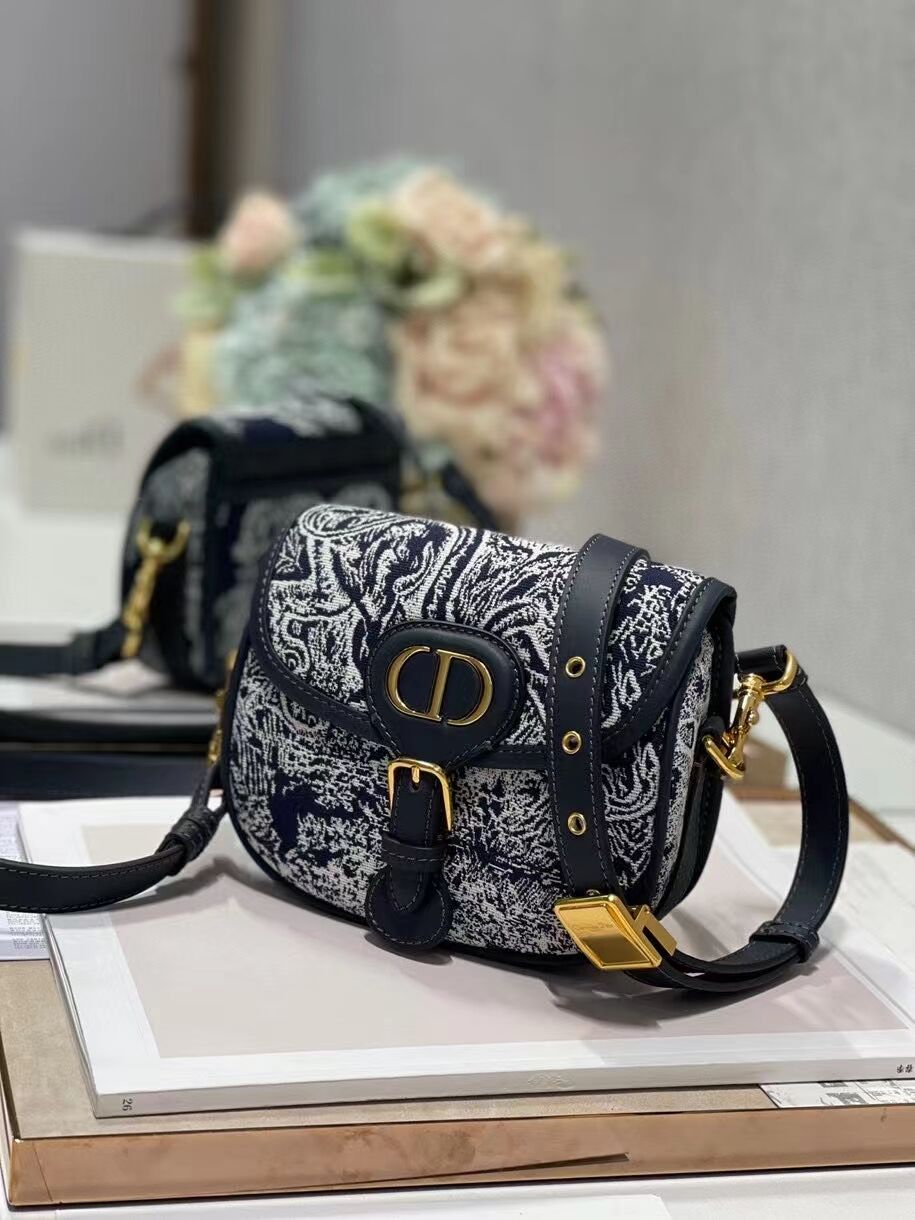 SMALL DIOR BOBBY BAG Warm Taupe Box Oblique Embroidery C9269 dark blue