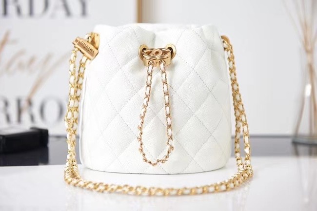 Chanel Drawstring Bag Grained Calfskin & Gold Metal AS2859 white