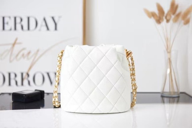 Chanel Drawstring Bag Grained Calfskin & Gold Metal AS2859 white