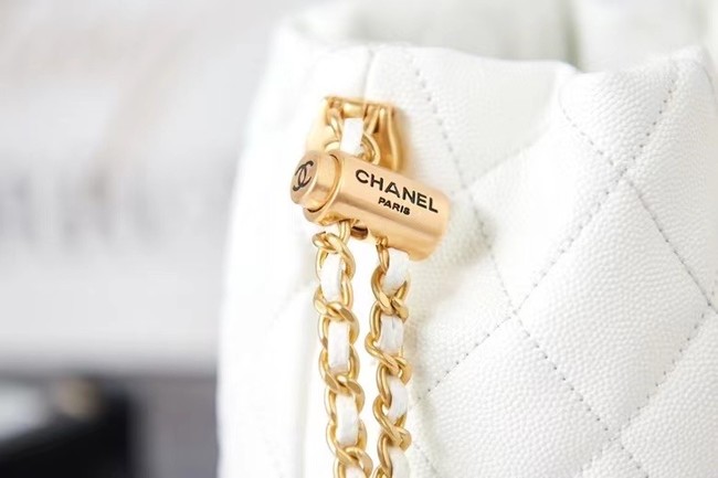 Chanel Drawstring Bag Grained Calfskin & Gold Metal AS2859 white