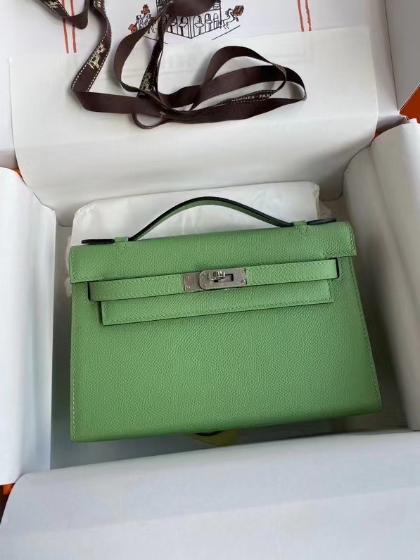 Hermes Original Epsom Leather KEL2278 green&Silver-Tone Metal