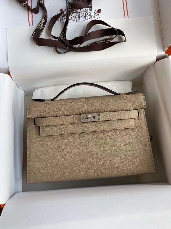 Hermes Original Epsom Leather KEL2278 grey&Silver-Tone Metal