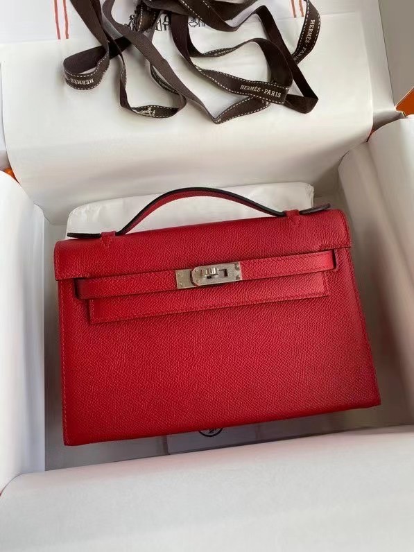 Hermes Original Epsom Leather KEL2278 red&Silver-Tone Metal