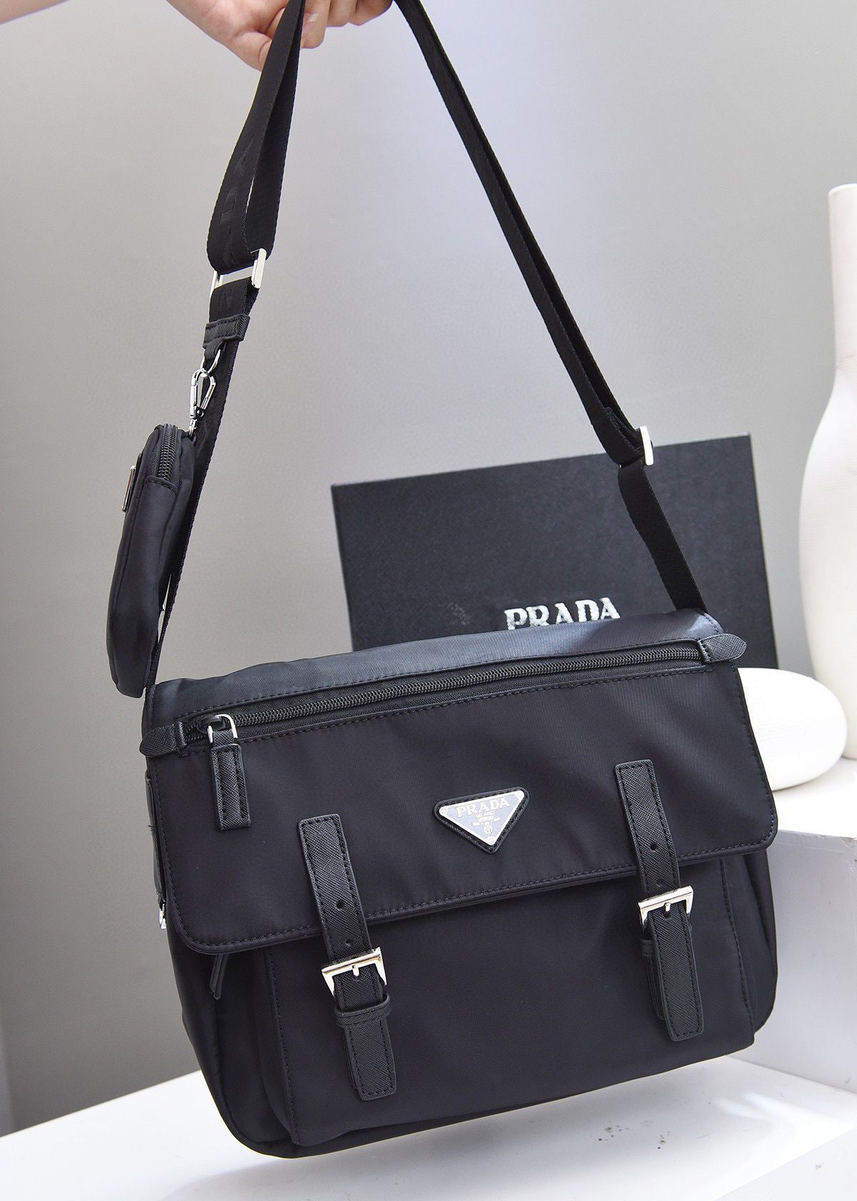 Prada Nylon Flap Messenger shoulder Bag PN1259 Black