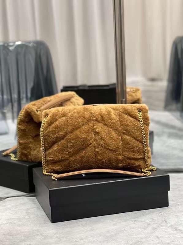 Yves Saint Laurent PUFFER BAG IN MERINO SHEARLING AND LAMBSKIN 179540 NATURAL BROWN