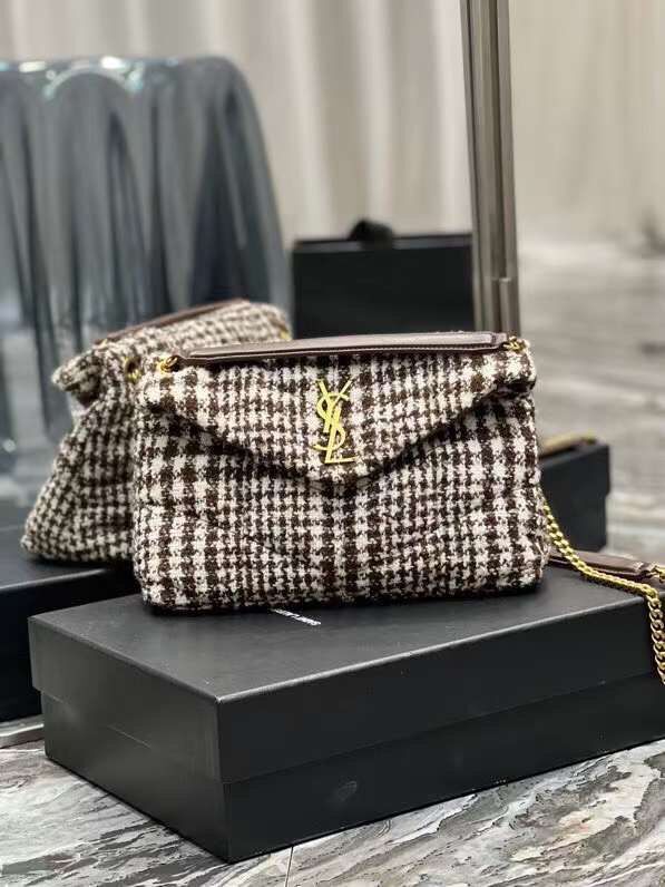 Yves Saint Laurent PUFFER SMALL BAG IN CHECKED TWEED AND LAMBSKIN Y597476 BEIGE