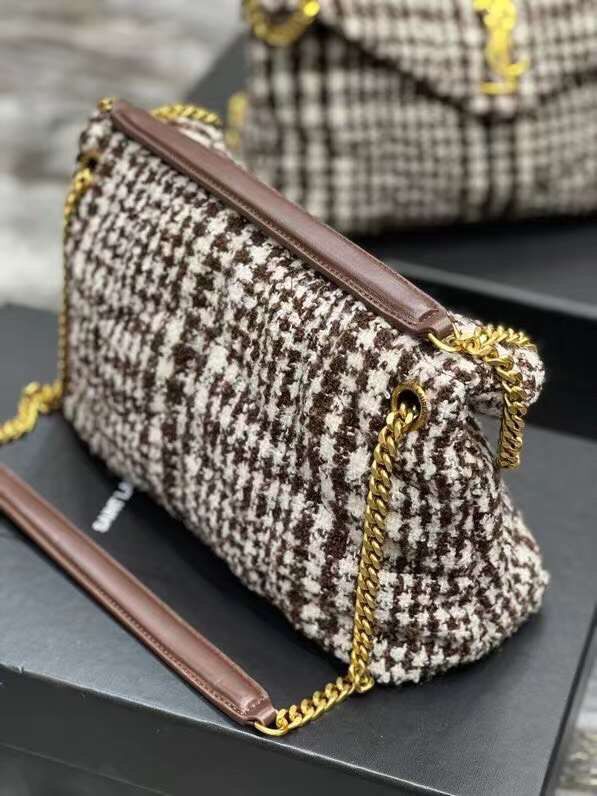 Yves Saint Laurent PUFFER SMALL BAG IN CHECKED TWEED AND LAMBSKIN Y597476 BEIGE