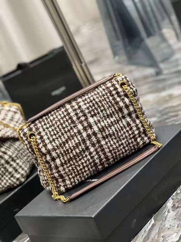 Yves Saint Laurent PUFFER SMALL BAG IN CHECKED TWEED AND LAMBSKIN Y597476 BEIGE