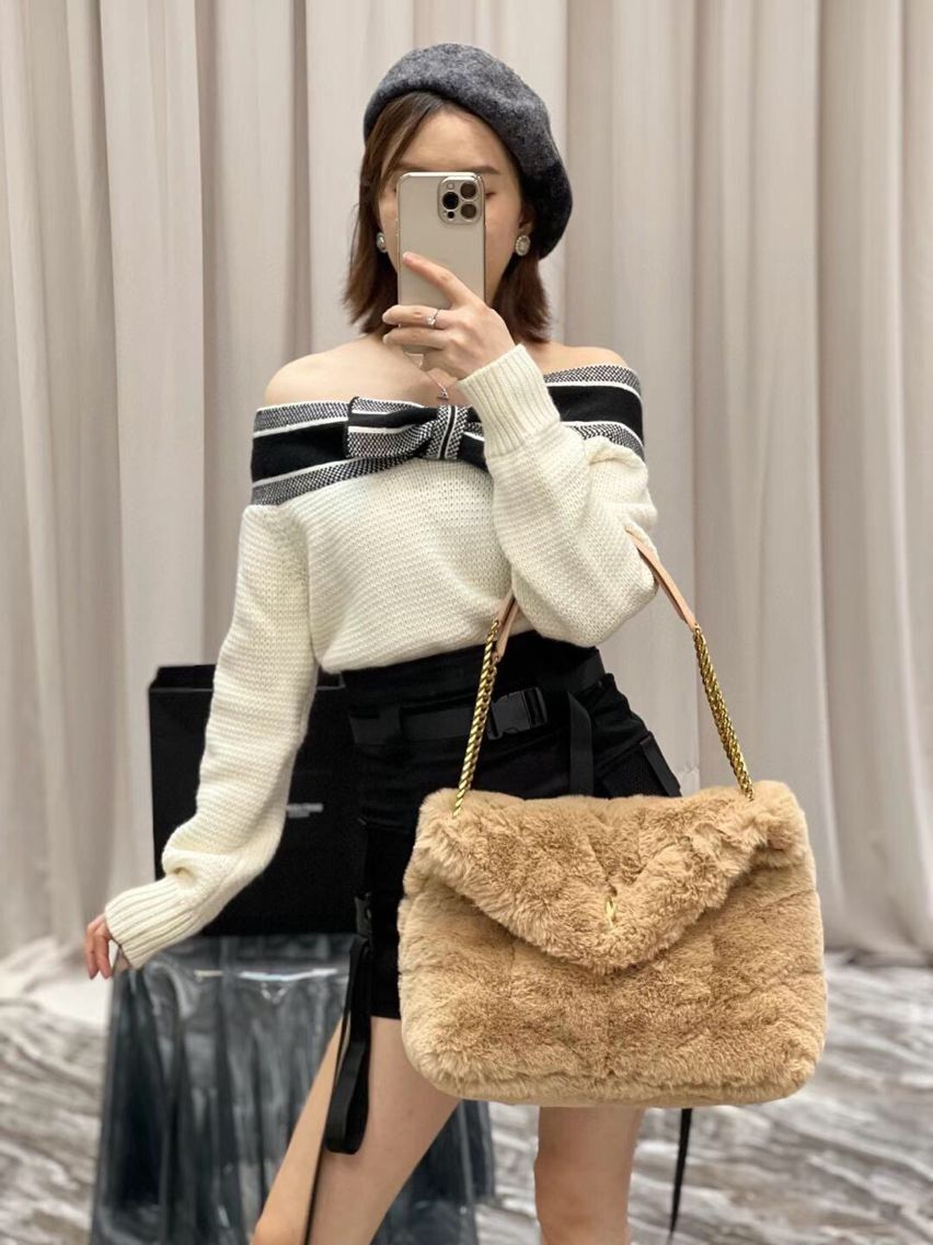 Yves Saint Laurent PUFFER BAG IN MERINO SHEARLING AND LAMBSKIN 179540 NATURAL BEIGE