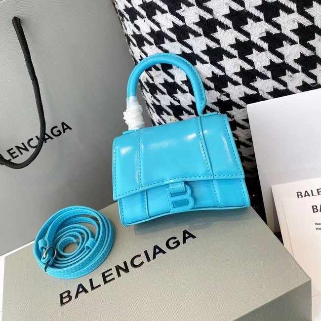 Balenciaga WOMENS HOURGLASS MINI TOP HANDLE BAG shiny box calfskin M8000 blue