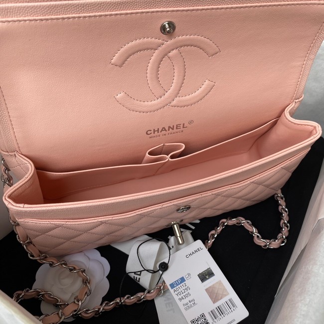 Chanel Flap Shoulder Bag Grained Calfskin A01112 silver-Tone Metal pink