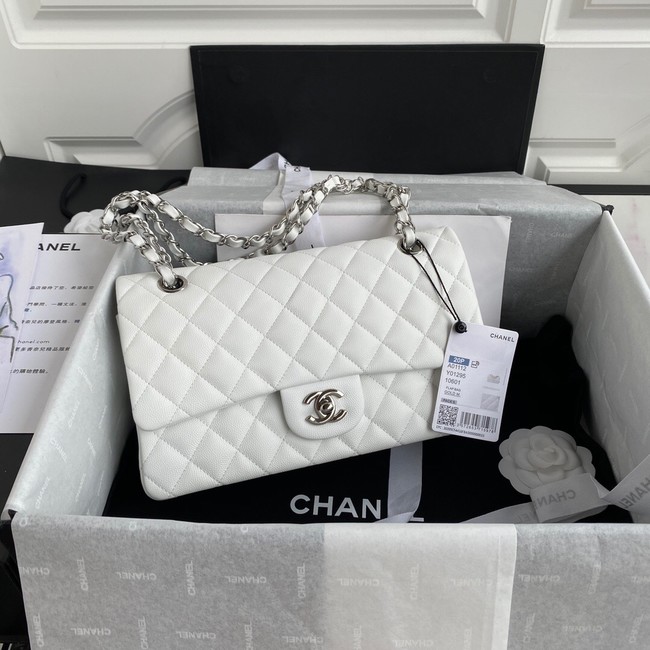 Chanel Flap Shoulder Bag Grained Caviar Leather A01112 silver-Tone Metal white