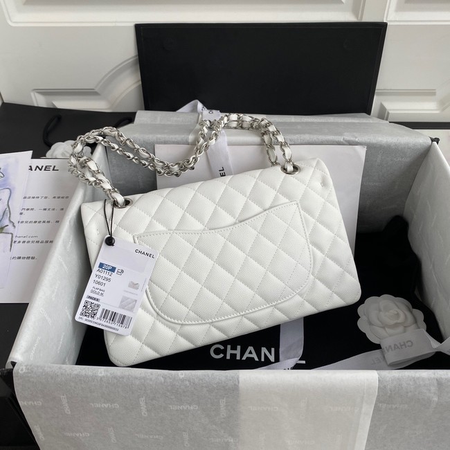 Chanel Flap Shoulder Bag Grained Caviar Leather A01112 silver-Tone Metal white