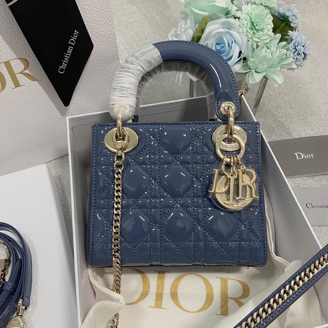 MINI LADY DIOR BAG Patent Cannage Calfskin M0566OW Blue&gold