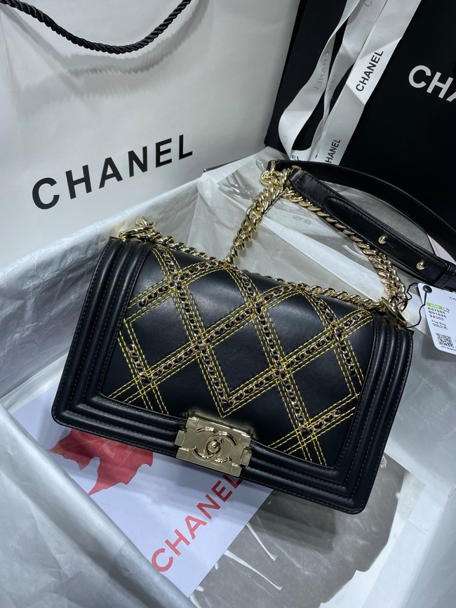 BOY CHANEL Handbag Crumpled Calfskin & Gold-Tone Metal A67086 black