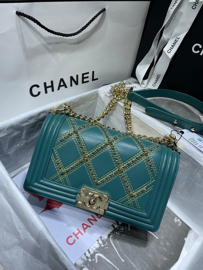 BOY CHANEL Handbag Crumpled Calfskin & Gold-Tone Metal A67086 green