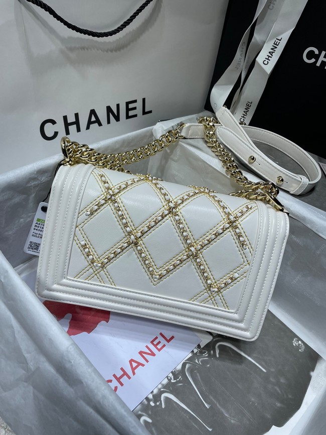 BOY CHANEL Handbag Crumpled Calfskin & Gold-Tone Metal A67086 white