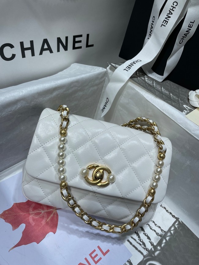 Chanel SMALL FLAP BAG Calfskin Imitation Pearls & Gold-Tone Metal AS3000 white