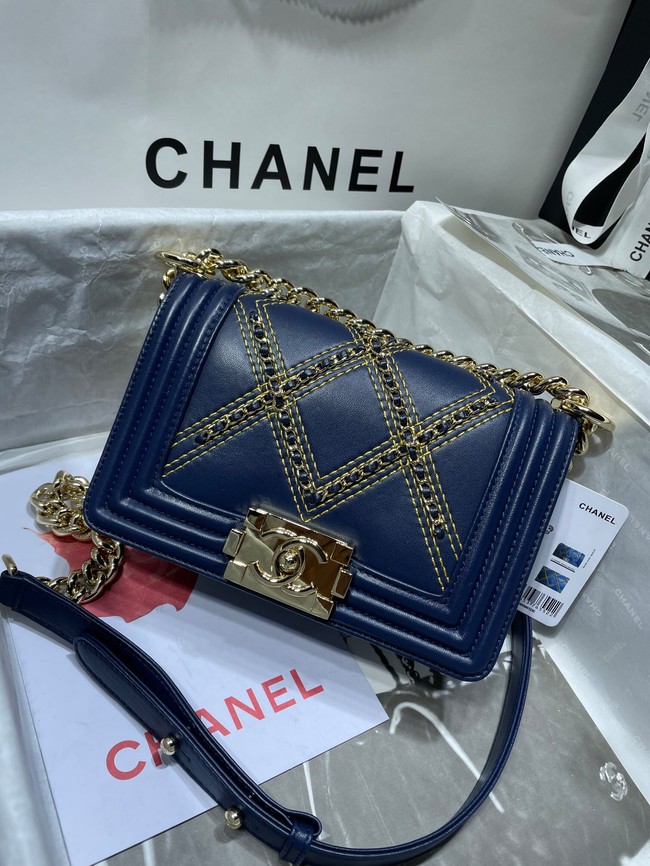 Small BOY CHANEL Handbag Crumpled Calfskin & Gold-Tone Metal A67085 dark blue