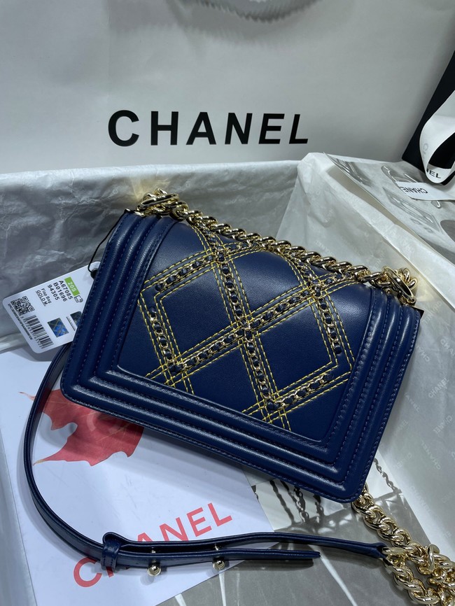 Small BOY CHANEL Handbag Crumpled Calfskin & Gold-Tone Metal A67085 dark blue