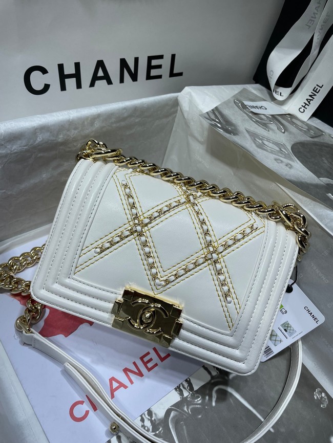 Small BOY CHANEL Handbag Crumpled Calfskin & Gold-Tone Metal A67085 white