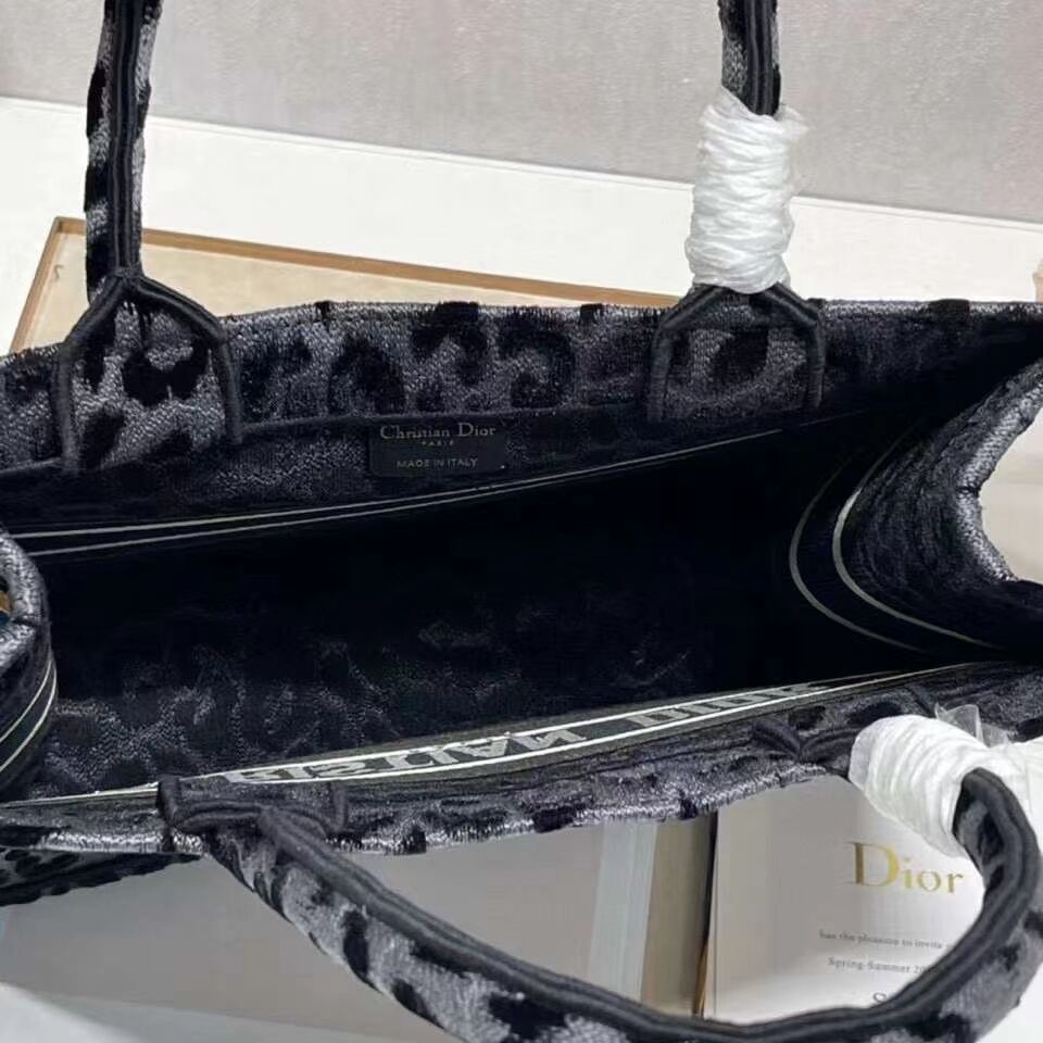 SMALL DIOR BOOK TOTE Embroidery C1287-4 Black&gray Leopard Print