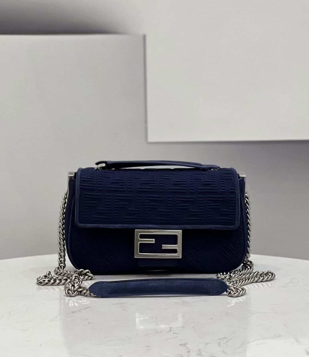 FENDI MIDI BAGUETTE CHAIN FF fabric bag 8BR793 dark blue