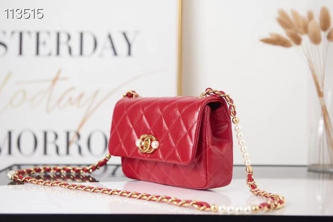 Chanel SMALL FLAP BAG Calfskin Imitation Pearls & Gold-Tone Metal AS3001 red