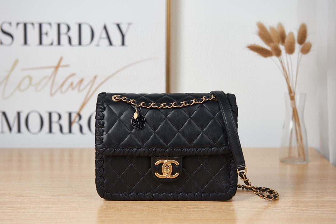 Chanel 22C New Woven Piping Square Original Leather Bag AS2496 Black