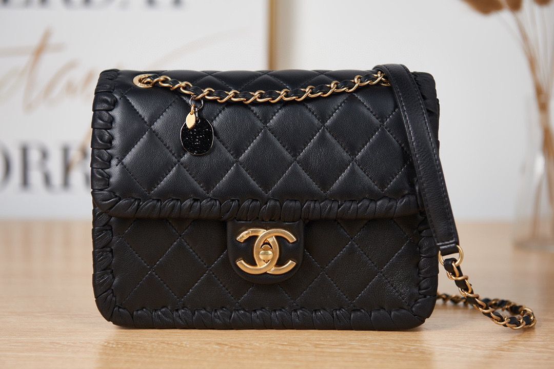 Chanel 22C New Woven Piping Square Original Leather Bag AS2496 Black