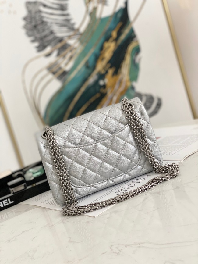 Chanel MINI 2.55 HANDBAG Metallic Grained Calfskin & White Metal AS0874 Silver