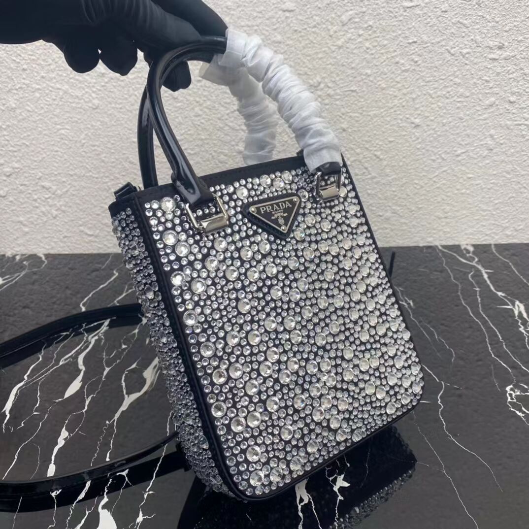 Prada leather small-bag with artificial crystals tote 1BC331 black