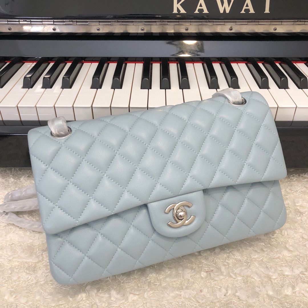 Chanel 2.55 Series Flap Bag Original Lambskin Leather 5024CF A01112 Grey Blue Silver-Tone