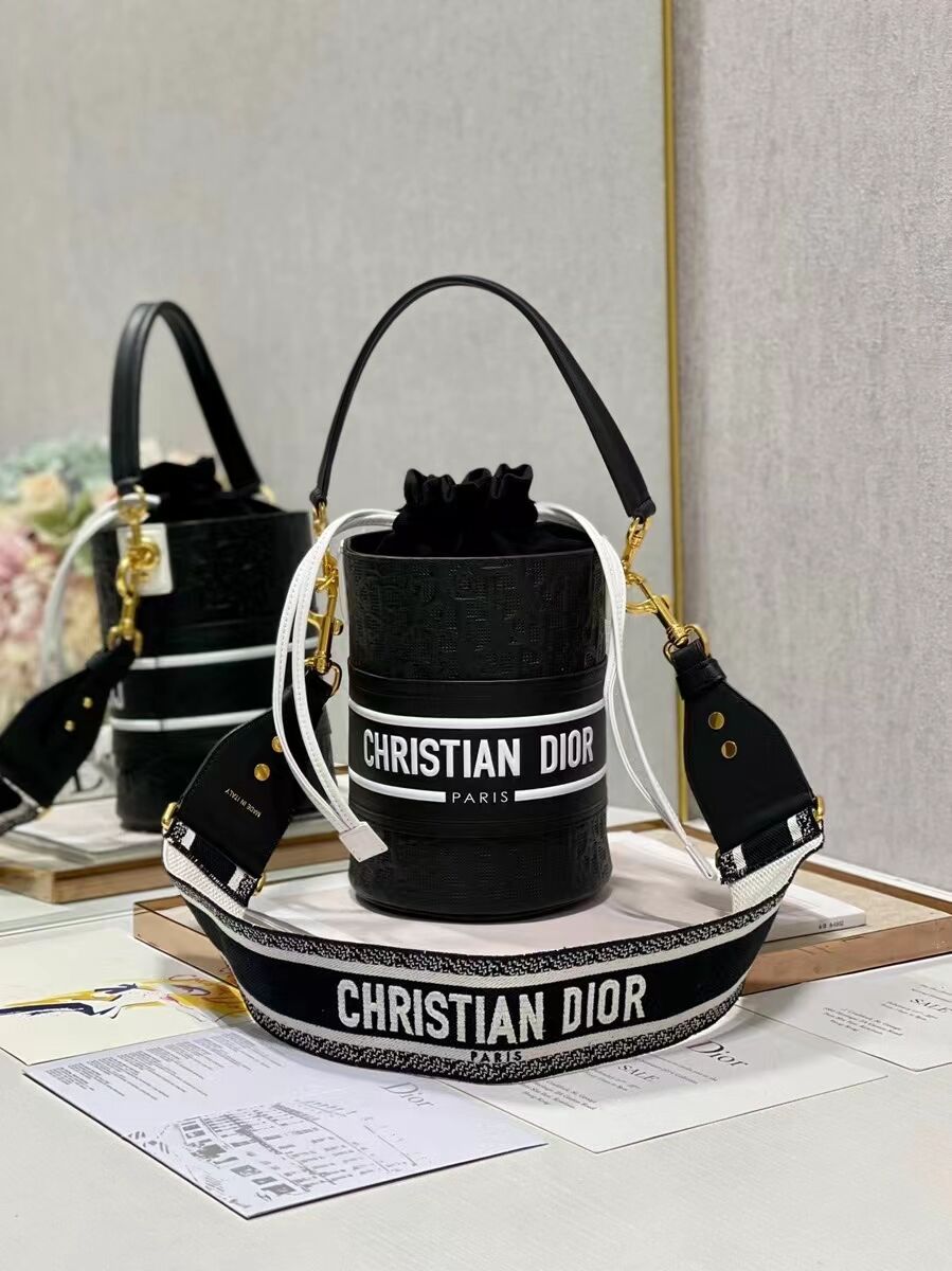 Dior Bubble Maple Leaf Embossing Calfskin Bucket Bag C9300 black