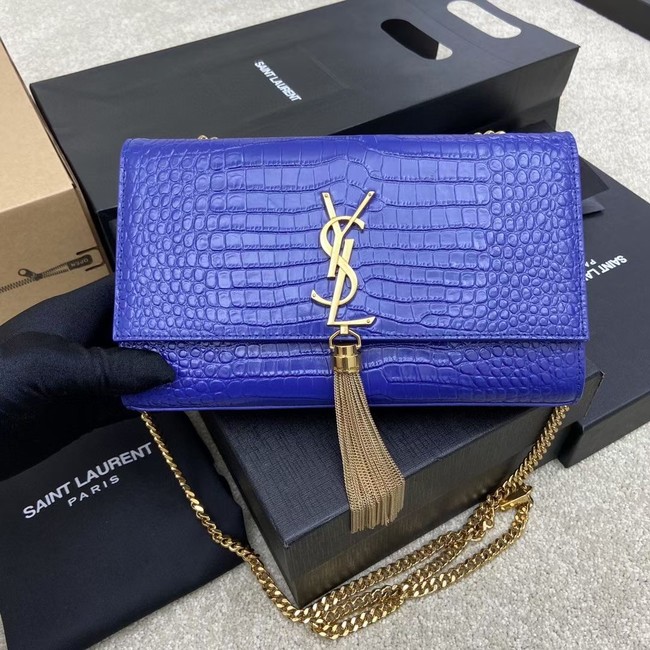 YSL KATE MEDIUM WITH TASSEL IN CROCODILE-EMBOSSED SHINY LEATHER 377829 blue